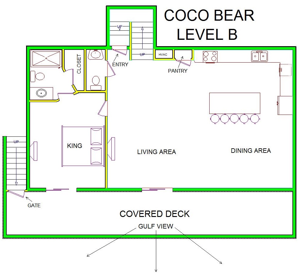 A level B layout view of Sand 'N Sea's beachfront house vacation rental in Galveston named Coco Bear