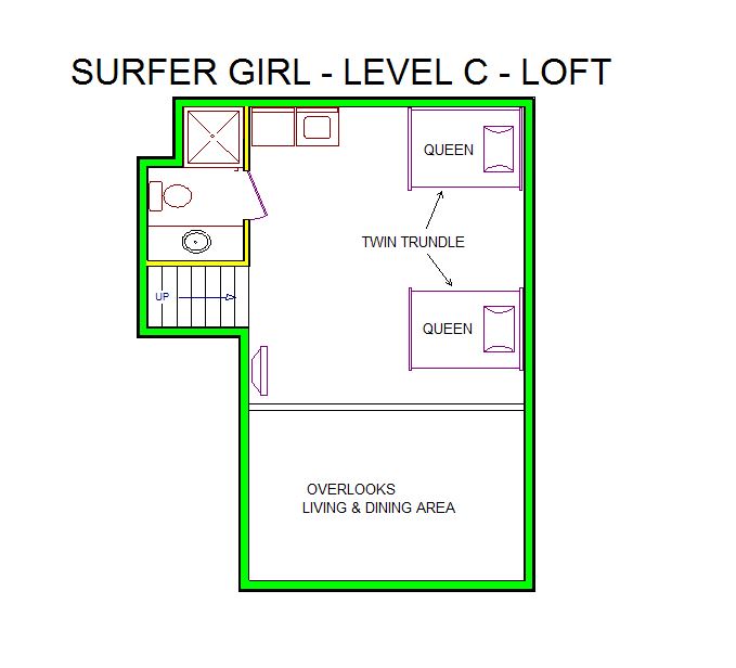 A level C layout view of Sand 'N Sea's beachfront house vacation rental loft in Galveston named Surfer Girl