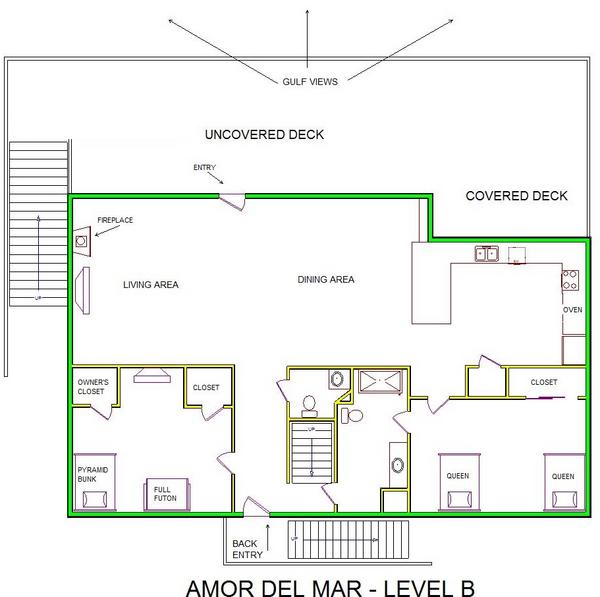A level B layout view of Sand 'N Sea's beachfront house vacation rental in Galveston named Amor Del Mar