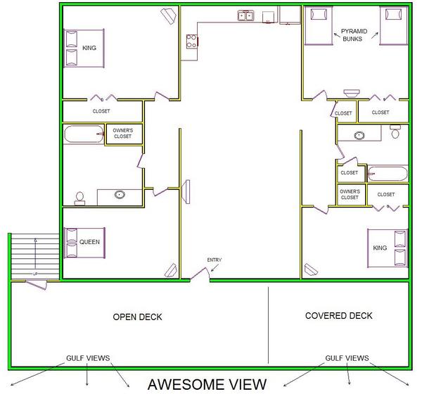 A level B layout view of Sand 'N Sea's beachfront house vacation rental in Galveston named Awesome View