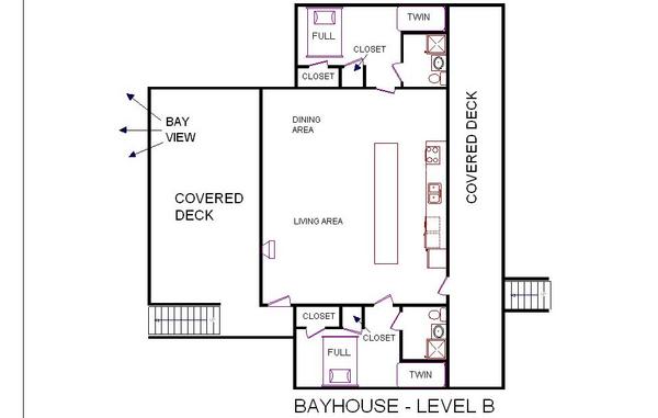 A level B layout view of Sand 'N Sea's bayfront house vacation rental in Galveston named Bay House
