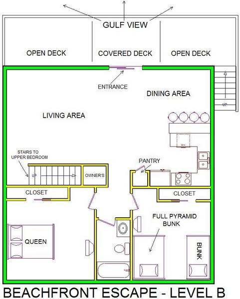 A level B layout view of Sand 'N Sea's beachfront house vacation rental in Galveston named Beachfront Escape