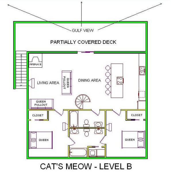 A level B layout view of Sand 'N Sea's beachfront house vacation rental in Galveston named Cat's Meow 