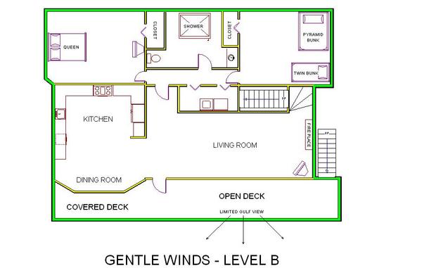 A level B layout view of Sand 'N Sea's beachside house vacation rental in Galveston named Gentle Winds