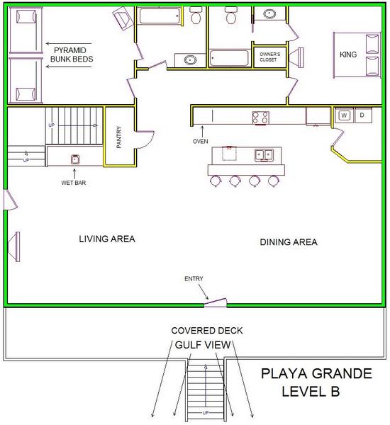 A level B layout view of Sand 'N Sea's beachside with gulf view house vacation rental in Galveston named Playa Grande