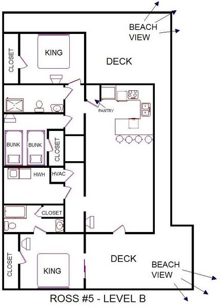 A level B layout view of Sand 'N Sea's beachside house vacation rental in Galveston named Ross 5