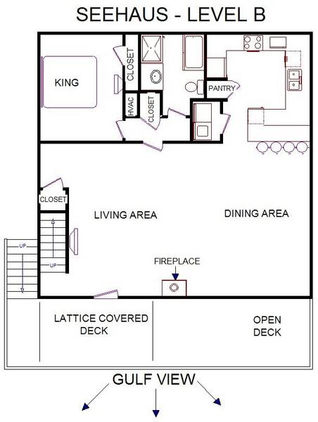 A level B layout view of Sand 'N Sea's beachfront house vacation rental in Galveston named Seehaus 