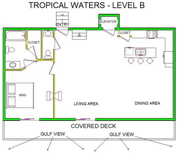 A level B layout view of Sand 'N Sea's beachfront house vacation rental in Galveston named Tropical Waters