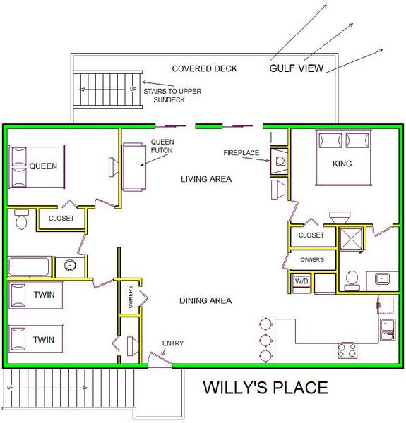 A level B layout view of Sand 'N Sea's beachside with gulf view house vacation rental in Galveston named Willy's Place