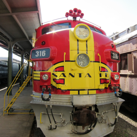 red and yellow santa fe train at the Galveston Railroad Museum